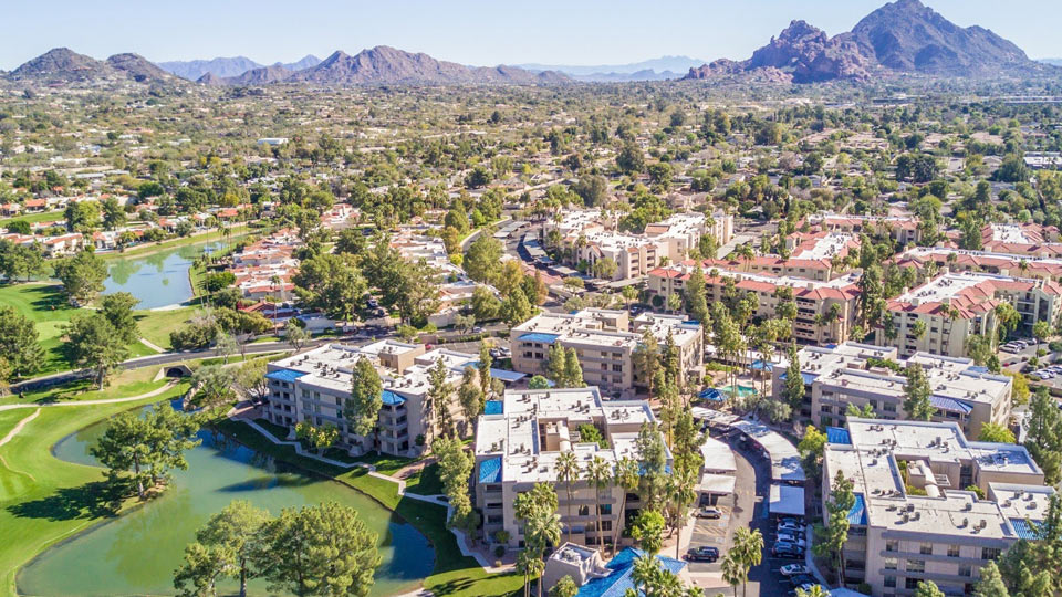 Aerial View of Arizona Biltmore Estates Area Residences, Lakes & Mountains